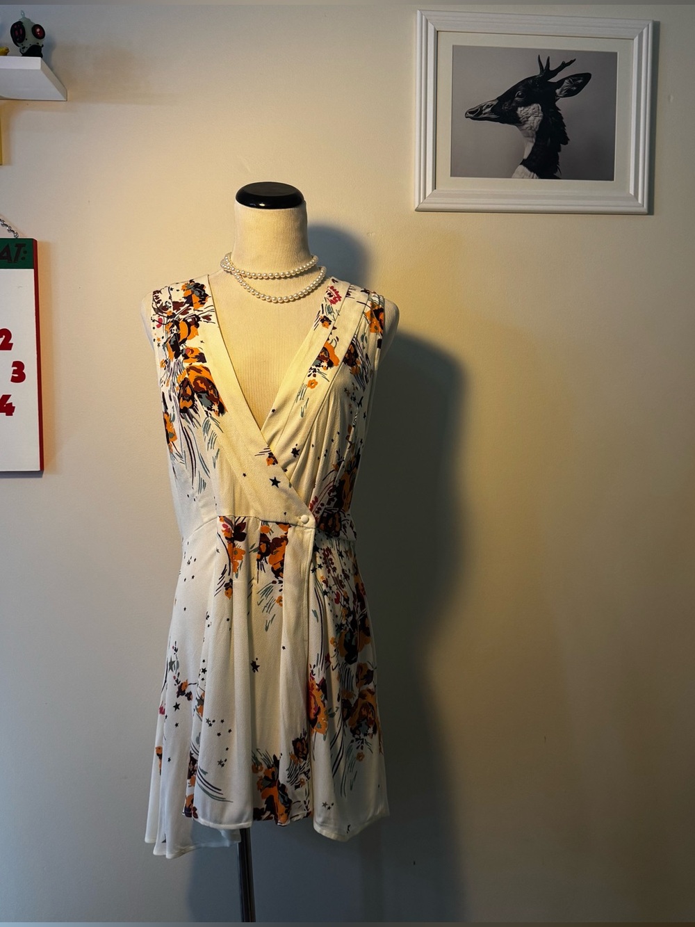 Free People Cream Floral Wrap Mini Dress with Orange Accents
